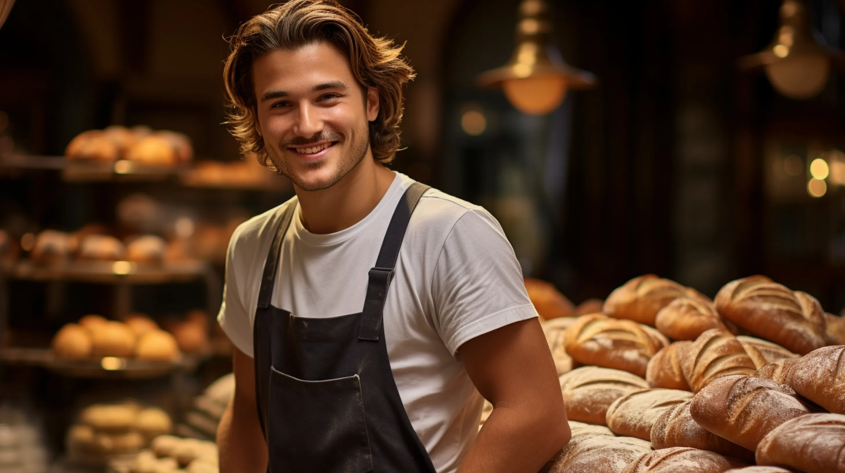 Baker standing in a bakery with lots of freshly baked breads in the background