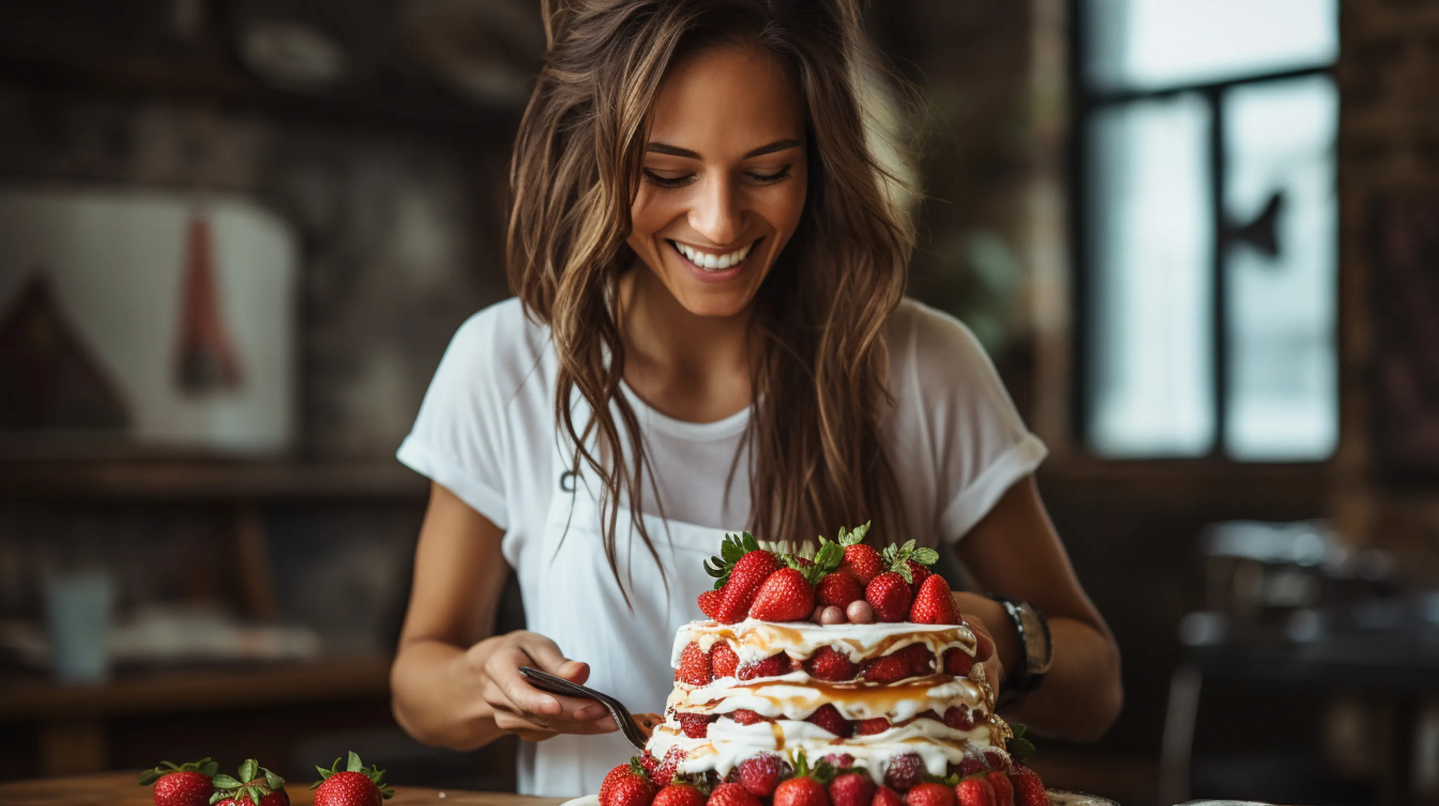 Woman chef working on a beautiful strawberry cake