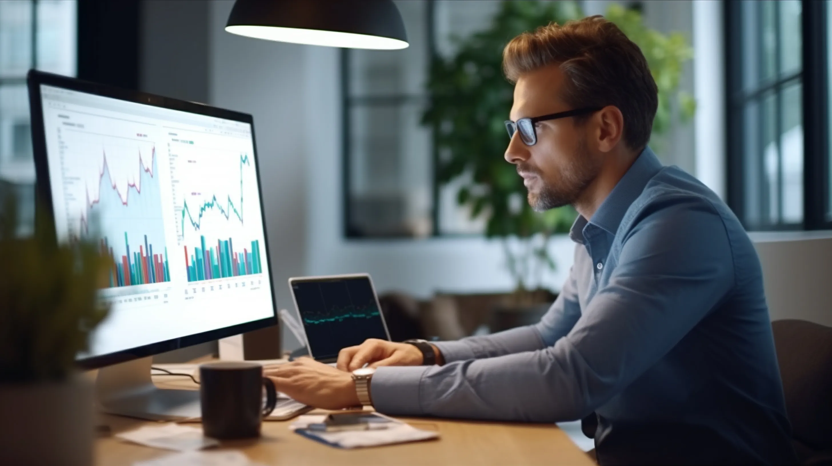 Consultant working in an office, looking at a monitor with lots of graphs with data