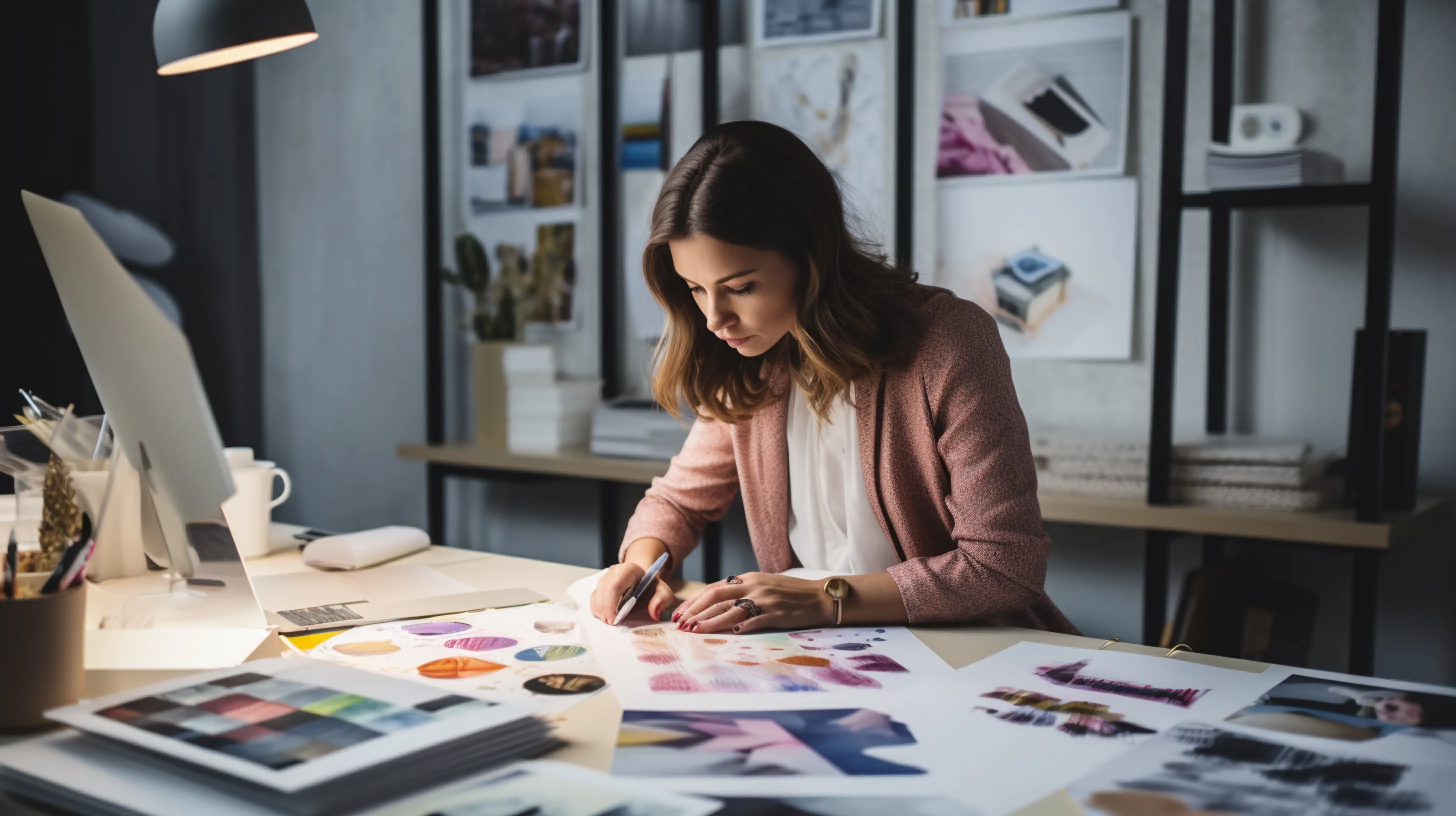Female designer working on a set of stickers in an office