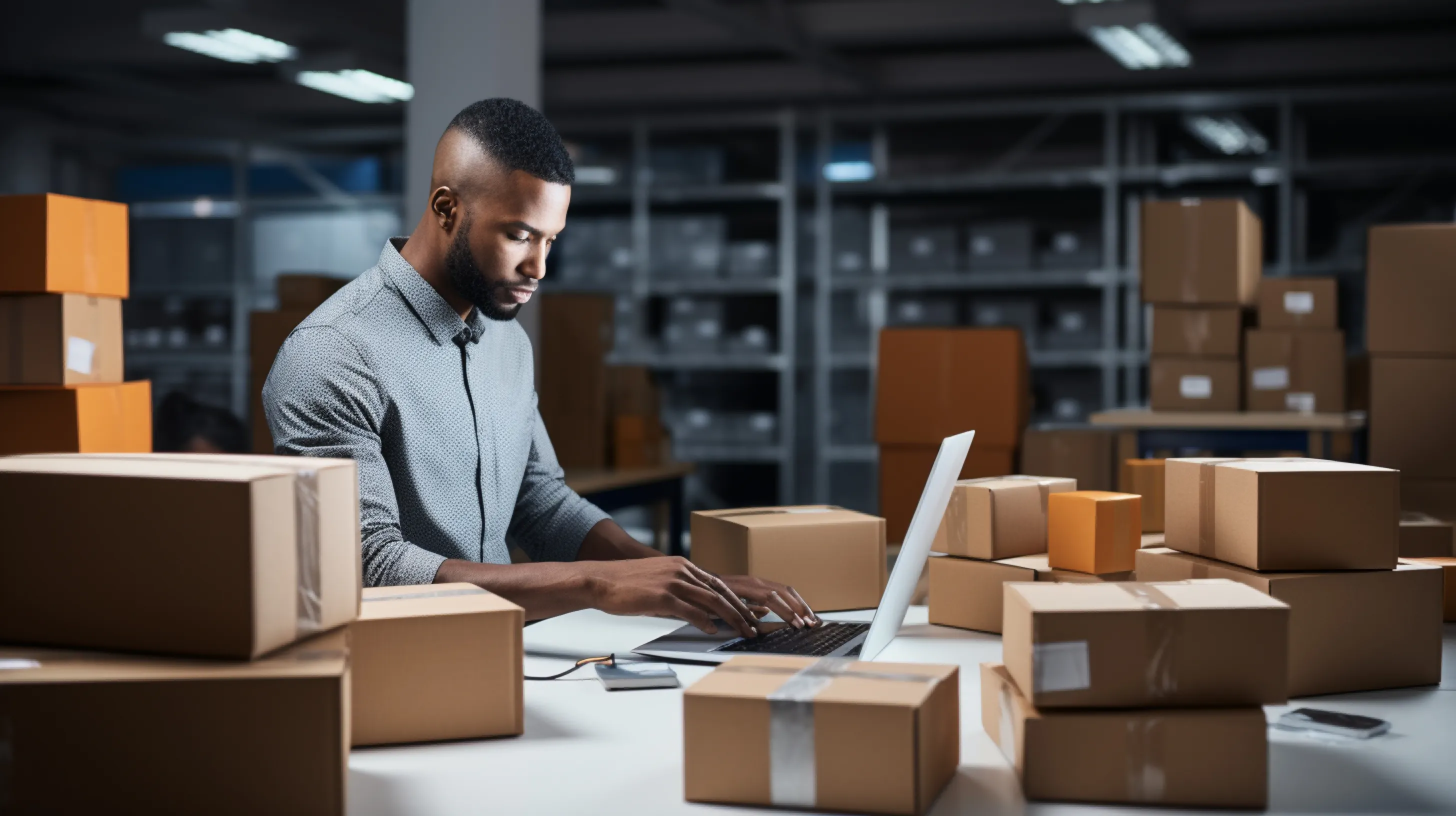 Ecommerce seller working on a laptop in a warehouse full of shipping boxes