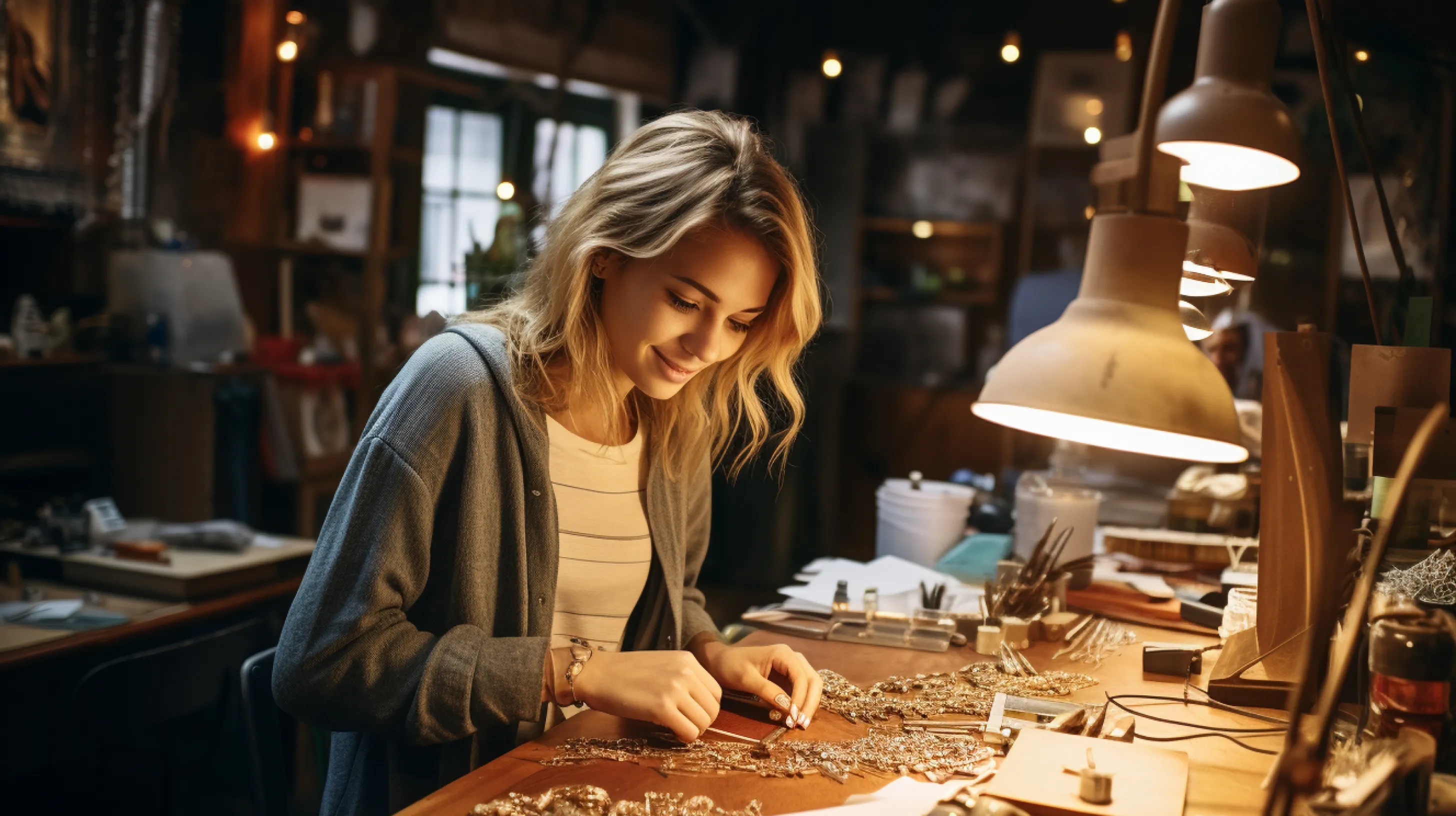 Woman making a metal jewelry in a workshop