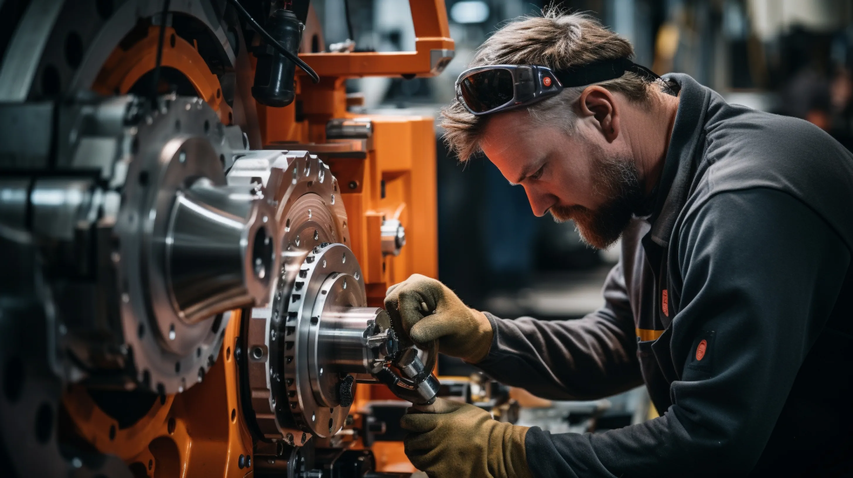 Metal worker fitting some gears on metal machine shaft