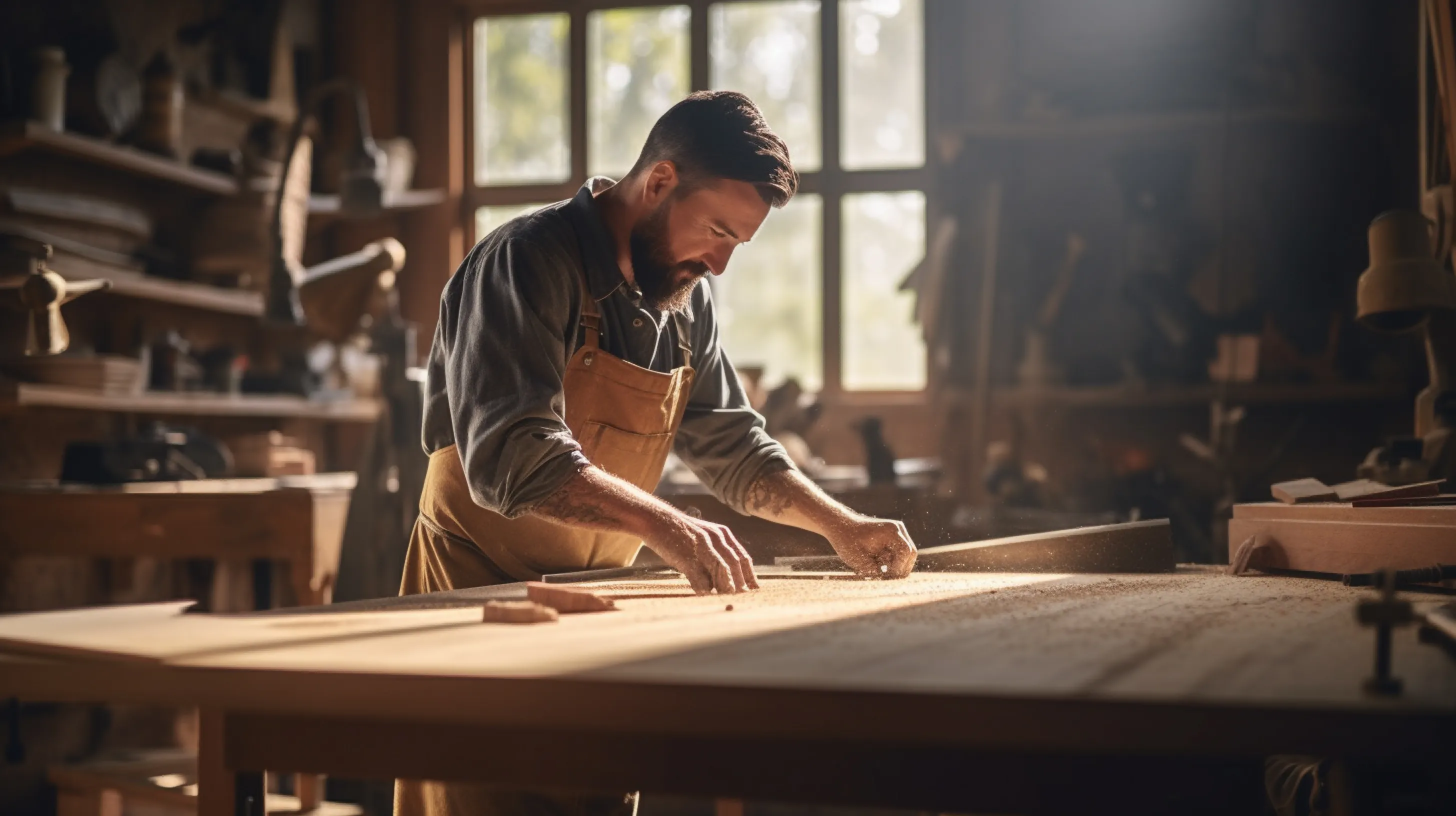 Carpenter making measurements on a piece of wood in an workshop